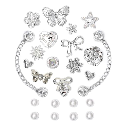 24Pcs Bling Shoe Charms for Women, White Plastic Rhinestones Shoe Decoration Charms, Girly Shoe Chains for Clog Sandals, DIY Shoe Accessories for Party Favor Silver