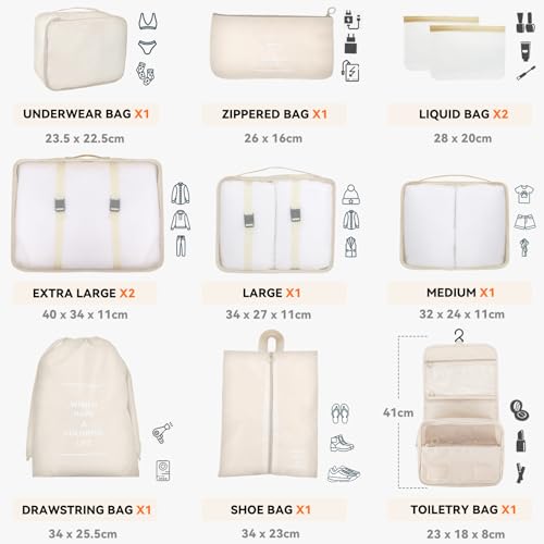 WECUTE Koffer Organizer Set, 11-Teilige Packing Cubes Set, Wasserdichte Reise Kleidertaschen,Koffer Organizer für Urlaub und Reisen, Packwürfel Set Reise Würfel (Khaki)