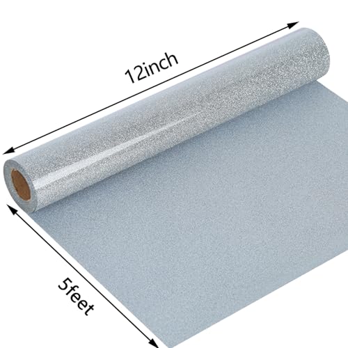 Image of guangyintong Heat Transfer Vinyl Glitter Silver HTV Rolls, 12 inch x 5ft Silver Iron on Vinyl for T Shirts, Glitter HTV Vinyl for All Cutter Machine Easy to Cut & Weed for Heat Vinyl DIY Design