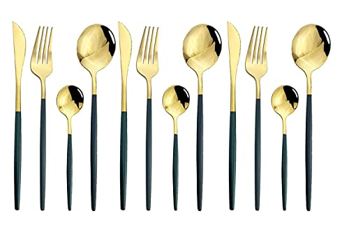 SHFTI Stainless Steel Tableware, Flatware Set with Knife, Spoon, Tea Spoon and Fork Set, People Serving, Dinner Spoons, Teaspoons, Knives and Forks, Mirror Polished. (Pack of 12, Green-Gold)