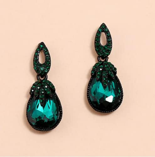 Art Deco Retro Vintage Style Dark Emerald Green Pear Formal Wedding Bridal Prom Rhinestone Earrings - Image 4