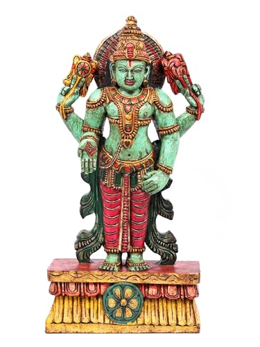 Exotic India Estatua de madera hecha a mano de 24 pulgadas hecha a mano con diseño de Señor Vishnu pintado a mano detallado de Hari Murti para decoración espiritual del hogar