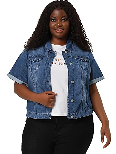 Agnes Orinda Women's Plus Size Denim Jacket Short Sleeve Lapel