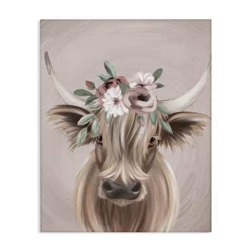 Highland Cattle Pink Flower, 24 x 30 Inch Canvas Wall Art