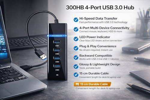 Image of 4 Port USB 3.0 Hub with Hi-Speed Data Transfer, LED Indication, 15cm Cable, Backward Compatible, Multi Device Connection, Plug Play Usage, Glossy Finish and Lightweight Design