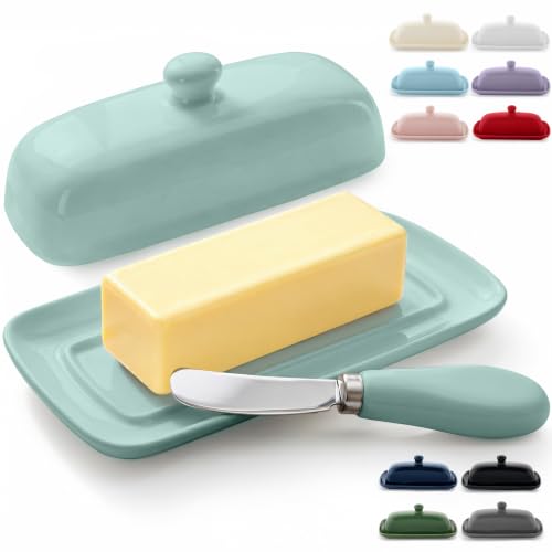 Image of Zulay Butter Dish With Lid For Countertop - Porcelain Mint, Ceramic Butter Dish with Knob Handle Great for Cooking - Elegant Design Butter Holder - Durable & Sturdy Butter Keeper - Mint