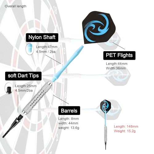 CareGames 12Stück Soft Dartpfeile Softdarts 16 Gramm mit PVC Schäften 50 zusätzlichen Dartspitzen 24 Flights für Elektronische Dartscheibem,Professionelle Softdart Set