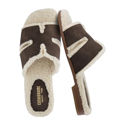 CUSHIONAIRE Women's Voyage Fur Faux Shearling lined slide sandal +Memory Foam, Wide Widths Available