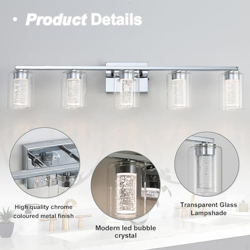 Image of 5 Light Chrome Bathroom Light Fixture, Dimmable 5CCT Chrome Bathroom Vanity Lights, 2700K-6500K Modern Crystal Bubble LED Wall Sconce Over Mirror with Clear Glass for Bedroom, Living Room