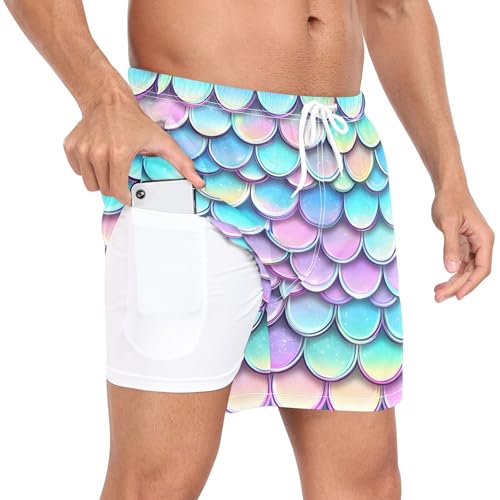 xigua Rainbow Fish Scales Mens Swim Trunks with Liner, 5 inch Quick Dry Mens Boardshorts for Beach2