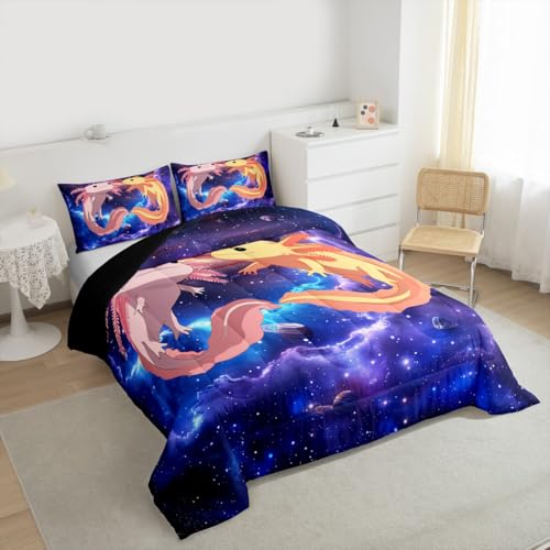 Image of Feelyou Cute Galaxy Axolotl Comforter Set - Twin Size with 1 Comforter and 1 Pillowcase