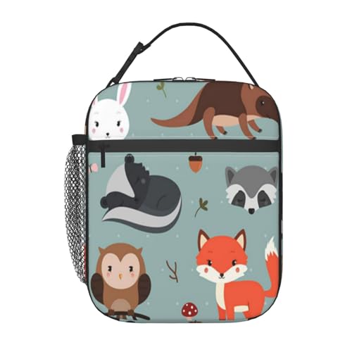 ポータブル断熱ランチバッグ。防水性と漏れ防止性を備え、スタイリッシュで丈夫。仕事、学校、アウトドア活動に最適です。男性にも女性にも適しています。(秋の森の動物、かわいいスカンク、どんぐり、愛らしいアリクイ)