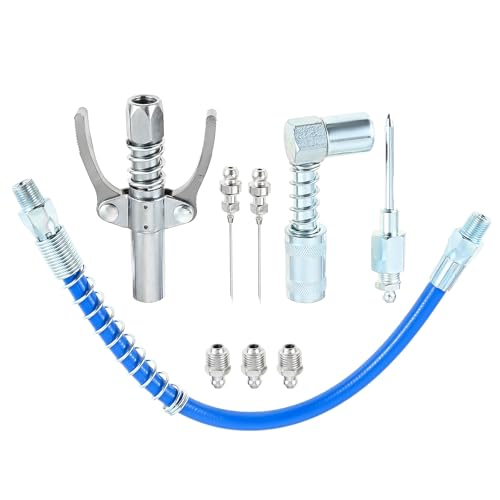 Grease Gun Accessory Kit, Greases Gun Coupler Quick-Release Coupler, 2 Needle Nozzles Tips, 12" Flex Hose, 90掳Grease Coupler Adapter, 3 Zerk Fitting 9Pcs for Automotive, Tractor, Machine Lubrication