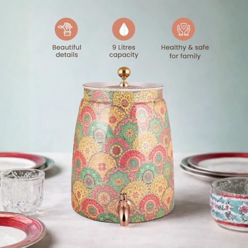 Image of VIP Copper Matka | Decorative Drinking Water Pot with Tap | Beautiful Printed Design | Healthy Storage for Home & Kitchen | Floral Printed Design | 9L Capacity