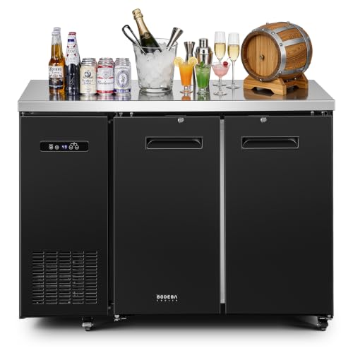 Image of BODEGA BODEGACOOLER Commercial Back Bar Cooler with 2 Solid Doors,12 Cu.Ft Commercial Counter Height Bar Refrigerator,Display Drink Beverage Beer Fridge LED Light,SUS304 Top,4 Casters,Black