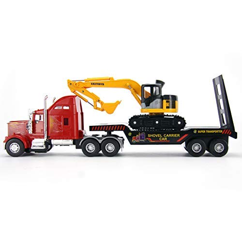 Big Daddy Big Rig Heavy Duty Tractor Trailer Low Boy Transport Flat Bed & Excavator Toy Trucks Combo Series #TOP6