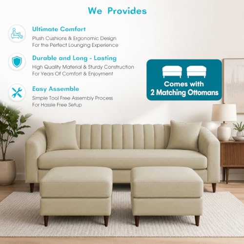Image of Doraldo 3 Seater Sofa Set with 2 Ottoman for Living Room (Cream) Premium Fabric Sofa