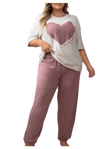 Verdusa Women's Plus Size Ribbed Pajama Set 2 Piece Half Sleeve Top and Pants