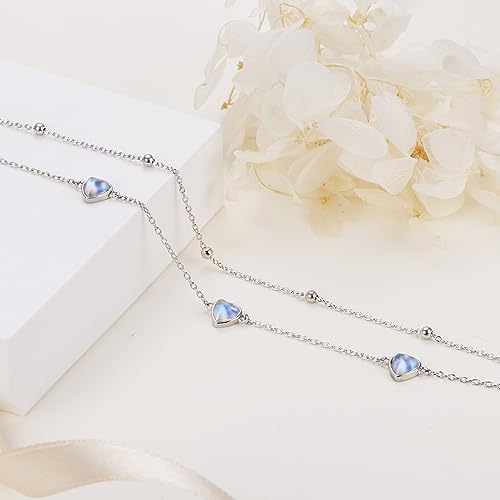 Image of Flyow Anklet for Women S925 Sterling Silver Adjustable Foot Beaded Heart Charm Ankle Bracelet Anklets Jewelry