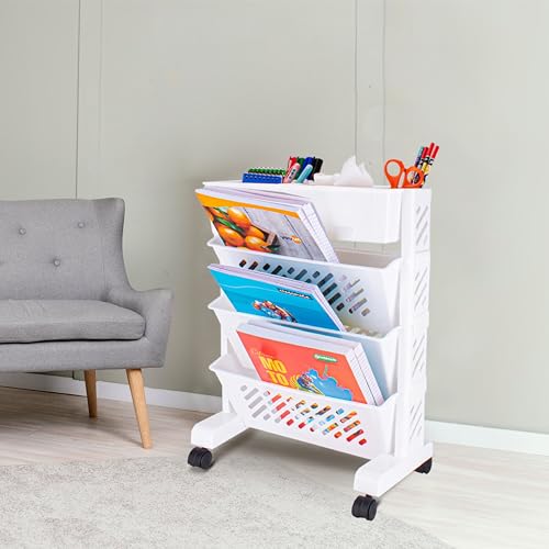 Image of JD FRESH Plastic Mobile Bookshelf with Wheels /Multilayer Deskside Bookcase Rotatable Rolling File Cart Organization Shelf for School /Classroom /Home /Office (4 Tier)