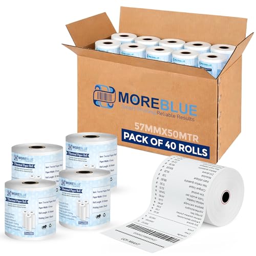 Image of MOREBLUE 2 Inch Thermal Paper Rolls (57mm x 50 Meter) Pack of 40 | Ink-Free, BPA-Free Receipt Paper for POS Machine, Billing Machine, Credit Card Machine & Petrol Pump Use