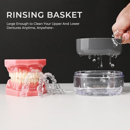 HEMILAB Denture Case, 2-in-1 Retainer Cleaner Case with Mirror & Strainer, Portable Aligner Bath Soaking Cup for Travel, Cute Orthodontic Storage Box for Mouth Guard, Night Guard & False Teeth, Grey