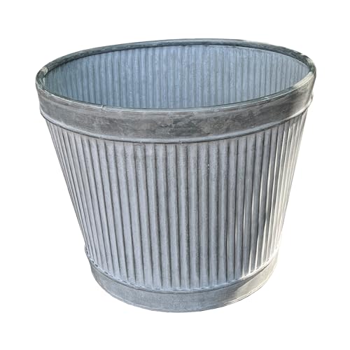 Alfie Francis 31cm DIA x 24.5cm H Large Galvanised Metal Garden Planter Outdoor Plant Pot Vintage Ribbed Barrel Tub Decoration