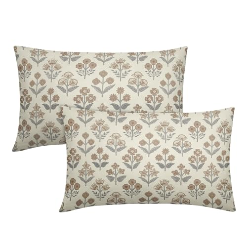 Brown Grey Gray Floral Pillow Covers 12x20 Inch Set of 2, Block Print Lumbar Flower Cream Decorative Throw Pillowcases Outdoor Farmhouse Rectangle Cushion Covers Spring Summer Sofa Couch Bed Decor