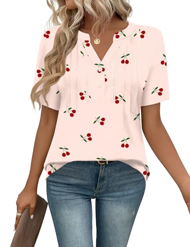 IECCP Bluse Damen Kurzarm Tunika V Ausschnitt Plissiert Oberteile Lässig Blumen T Shirt Sommer Top