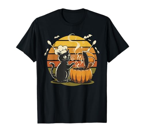 Retro Black Cat Pumpkin Halloween For Men And Women Chef Camiseta