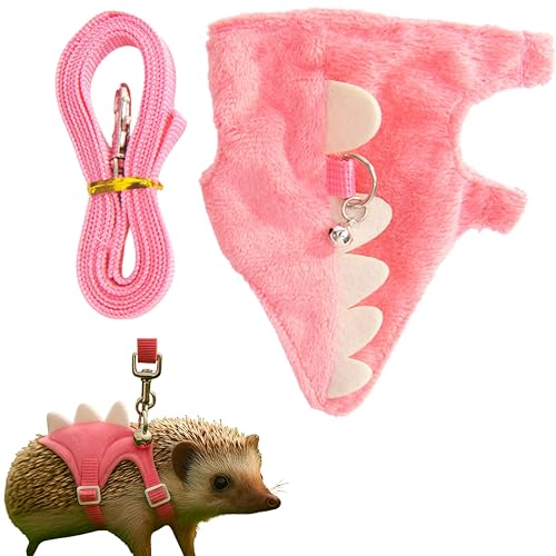 Hedgehog Leash and Harness Clothes Accessories, Adjustable Leash and Harness with Safe Bell, Dinosaur Shaped Outfit, Hamster Clothes For Ferret Hamster, Hedgehog Accessories, Guinea Pig Outfits (Pink)