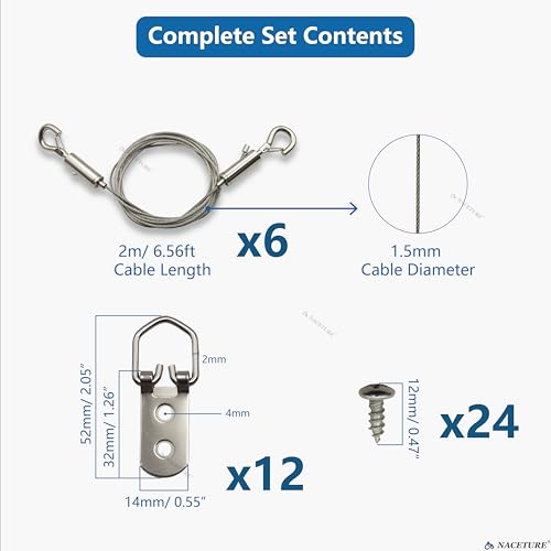 Image of NACETURE Picture Frame Security Hanging Kit, Double 6 Pack | Heavy-duty steel cables provide reliable secondary protection for valuable framed artwork and displays.