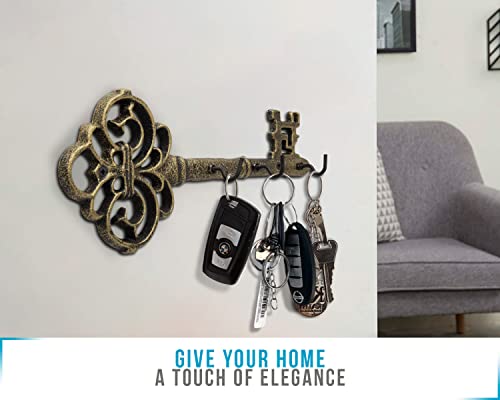 Comfify Decorative Wall Mounted Cast Iron Key Holder Rack- Vintage Key Shape Rack With 3 Hooks - Wall Mounted - Rustic Cast Iron Hanger- 10.8 X 4.7- With Screws And Anchors Gold With Black #TOP4