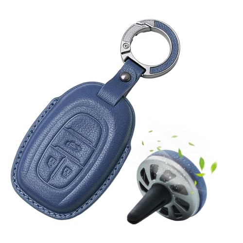 Image of Keyzone Premium Leather Key Cover & AC Vent Car Perfume Combo (4 Fragrances) | Compatible for MG Gloster 3 Button Smart Key. (Blue)