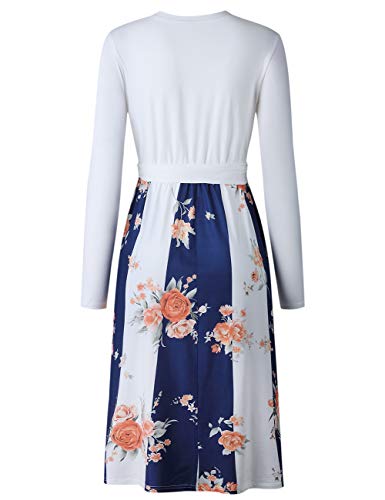 Women's Long Sleeve Floral Patchwork Crew Neck Casual Tie Dresses with Pockets, Blue, Size XL