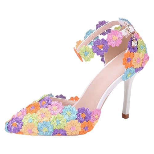Jamron Damen Elegant Spitze Zehen Stiletto Absatz Riemchen Pumps Florale Spitze Perlen Brautschuhe...