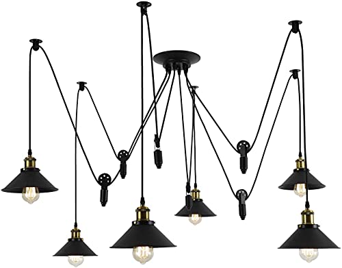 Pulley Pendant Light with 6 Lights, Adjustable DIY Industrial Vintage Rustic Chandelier Mount Ceiling Light Edison Rustic Chandelier,Hanging Pedant Lights Fixture for Dining Room,Warehouse,Farmhouse