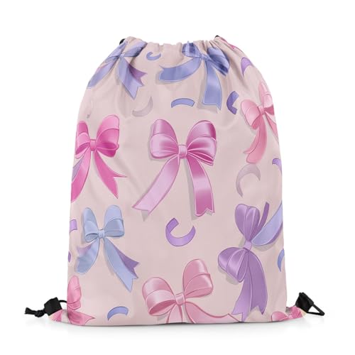 jejeloiu Pink Purple Bowknot Drawstring Backpack 13"x15.7" Silk Fabric Bowknot Bowknot Gym String Bag Adult Beautiful Bowknot Drawstring Bags Cute Waterproof Cinch Bag2