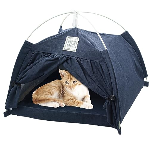MUYG Cat Tent Bed,Cats Cave House Portable for Indoor with Removable Non-Slip Soft Pad Foldable Cat Tents Hut Washable Pet House Bed Outdoor for Kitty Puppy Small Pets 15.7x15.7x16.1 in (Navy Blue)