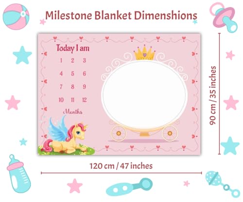 Image of Baby Monthly Milestone Blanket | 1-12 Months | Soft All-Season AC Blanket | Ideal for Newborn Boys & Girls | Perfect Growth Tracker & Photoshoot Prop with Unicorn Theme | 120x90 cm
