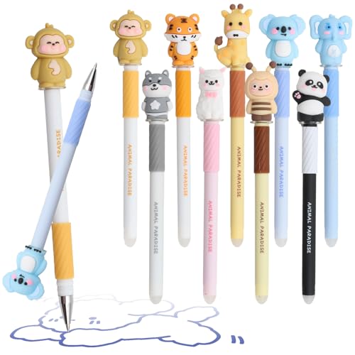 VEGCOO Lot de 9 Stylos Effaçable, 0.5mm Stylo en Forme d’Animaux, Bleu Stylos Encre Effaçable Thermique pour École, Bureau et Cadeaux