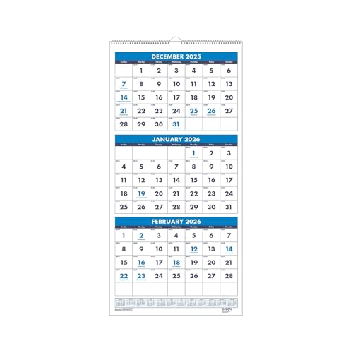 House of Doolittle 2026 Three-Month Wall Calendar 8" x 17", Blue (3646-26)