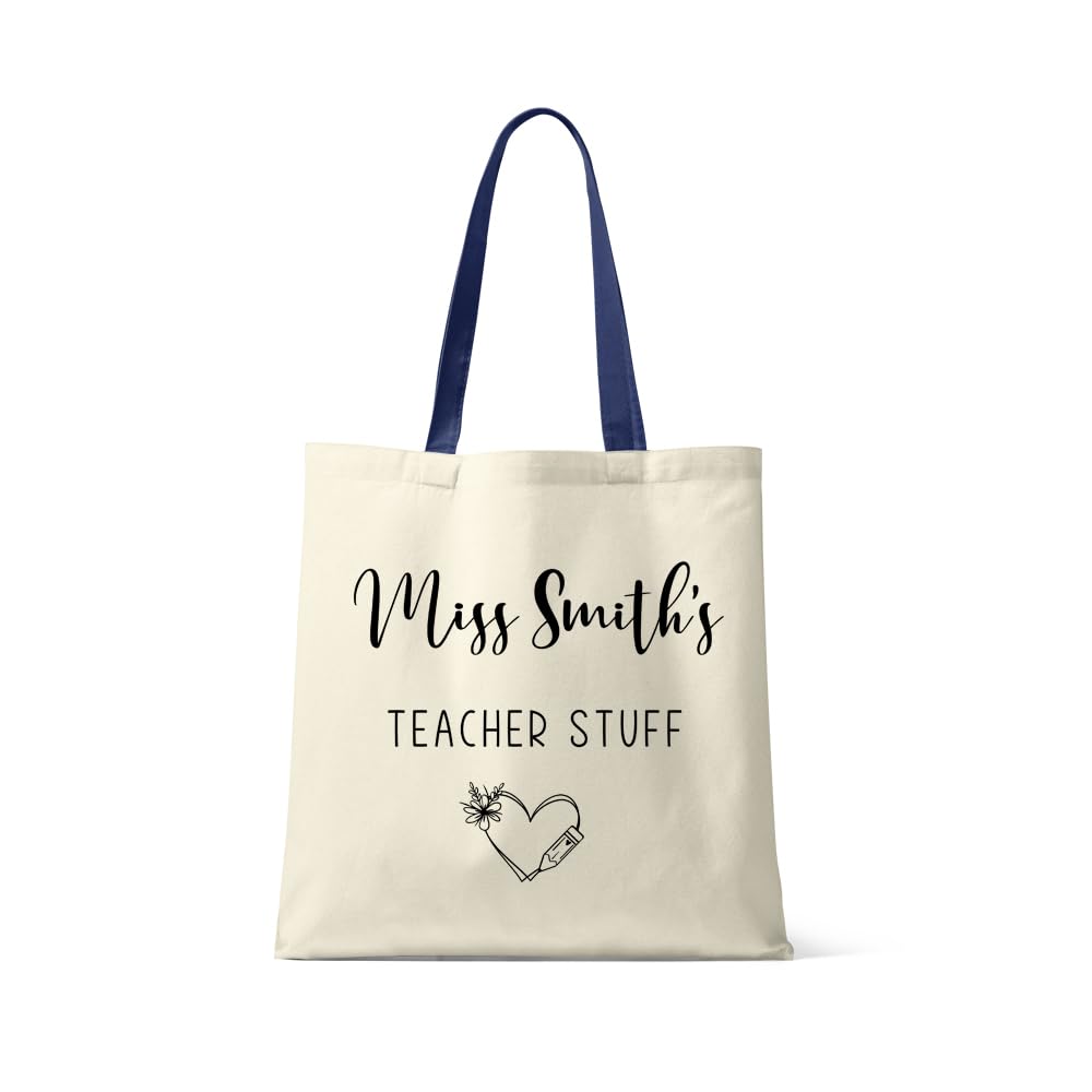 Getagift Personalised Teacher Tote Bag – “Teacher Stuff” Design – Custom Name Gift for Teachers – Thank You Present - Reusable Bag, Shopping Bag, Tote Bag. (French navy handle)