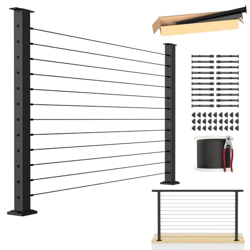 BLIKA Complete Set 42\" Cable Railing Post Kit(Post 41\"x2\"x2\"), Black Level Drilled Cable Railing Post, Swageless Deck Railing System Kit Include 2Pack Level Posts,1/8\" Stainless Cable(No Handrail)