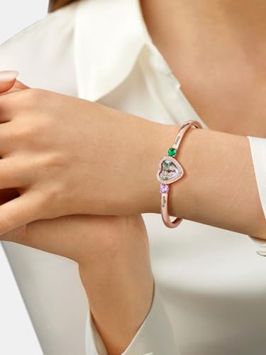 FindChic Customized Photo Bracelets for Women Heart Charm Bangle/Leather Band Stainless Steel/18K Gold Plated/Black Adjustable Personalized Bracelets, with Gift Box2