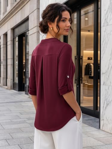 Image of Bulotus 3 /4 Length Sleeve Womens Striped Tops Zipper V Neck Collared Blouses Business Casual Tunics 2026 Spring Trendy