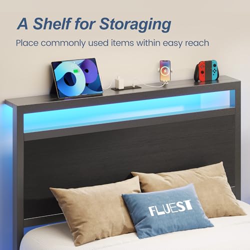 Image of Fluest Twin Bed Frame with Headboard & Footboard, Twin Bed Frame with Charging Station & LED Light, Under-Bed-Storage, No Box Spring Needed, Noise Free, Easy Assembly, Classic Black