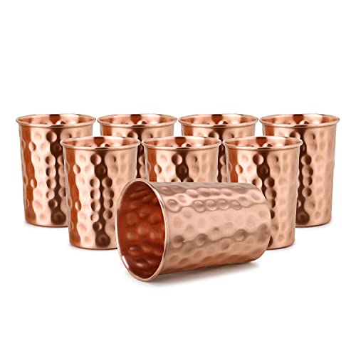 Zap Impex® Receptacle Hammered Copper Glass 100% Pure Copper Tumbler Ayurvedic Healing Set of 8
