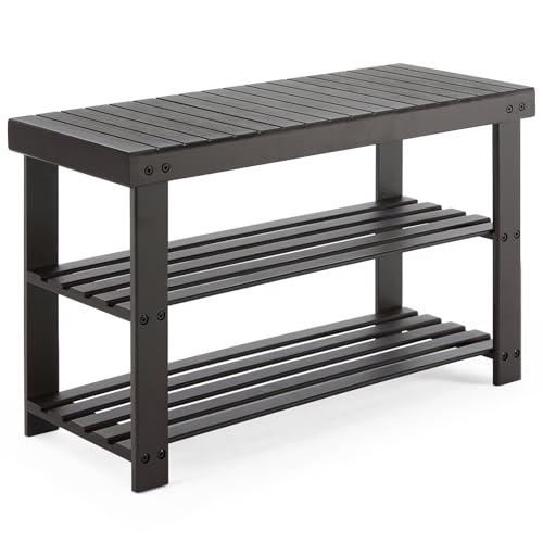 NEWBULIG Shoe Rack Bench, 3-Tier Bamboo Shoe Organizer, Wooden Entryway