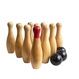 Bowlingspiel aus Holz, Wurfflaschen, Rasen-Spiel für die Familie, Spiel-Set mit Tragetasche (H 23 cm, 10 Stifte + 3 Bälle)